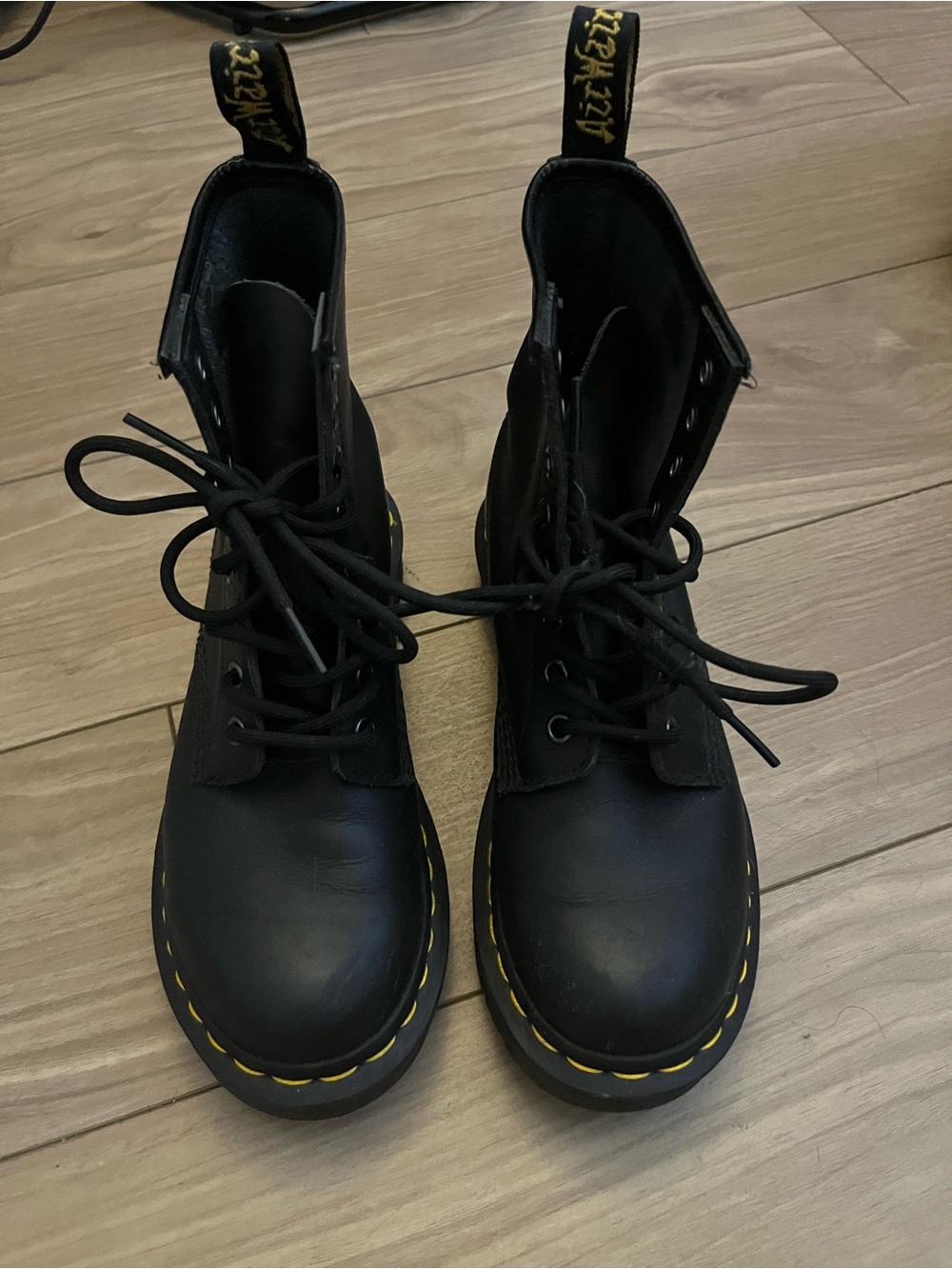 dr martens Black Lace-Up Combat Boots with Yellow Stitching